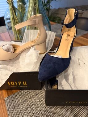 IDIFU Two-Tone Navy and Beige Ankle-Strap Block Heels